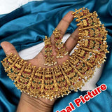 Latest Gold Plated Multicolor Kemp Stone Lakshmi Design Necklace Set JH1428