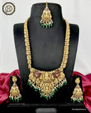 Elagant Gold Plated Green Pearls Temple Haram With Earrings