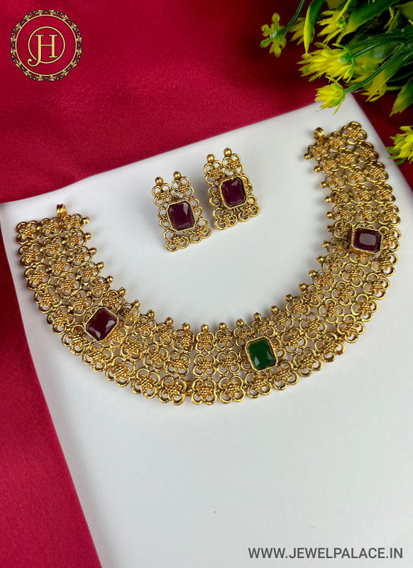 Gold Indian Antique Necklace Set - StAn9007 - 22k gold necklace and earrings  set studded with colored stones and polki type stones. Matt finish an