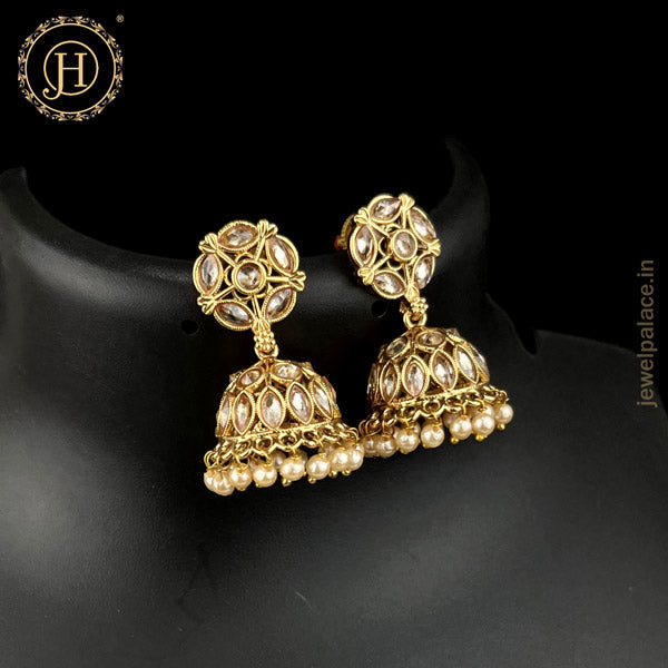 Women's Navratna Gold Polish Kundan Traditional Earrings